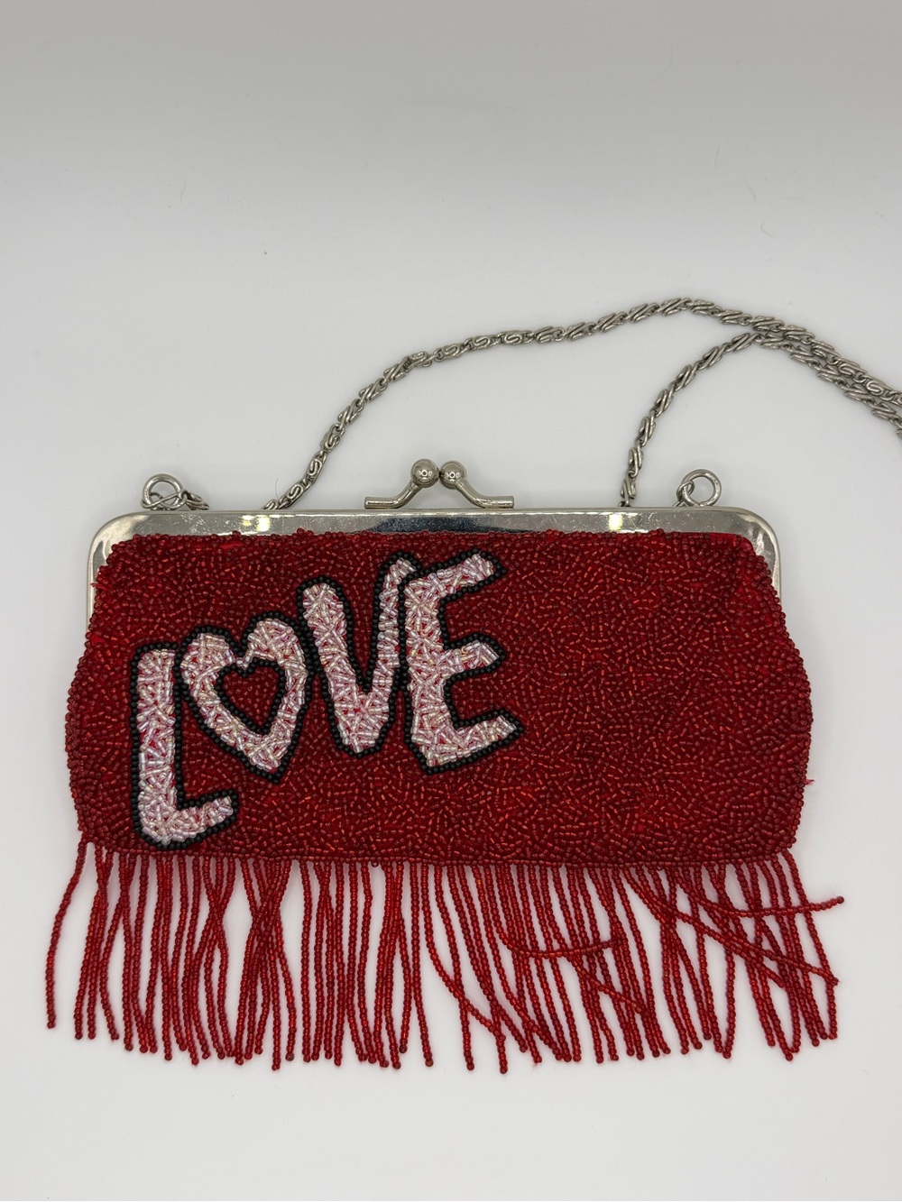 XOXO Beaded Fringe Small Love Clutch Evening Bag w Silver Chain Red/Black/White